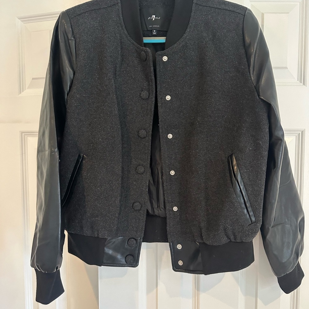 7 for all Mankind Black leather and velvet bomber jacket size M